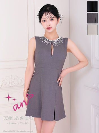 キャバドレス an アン ウエストマーク ビジュー ノースリーブ プリーツ ワンカラー フレアミニドレス