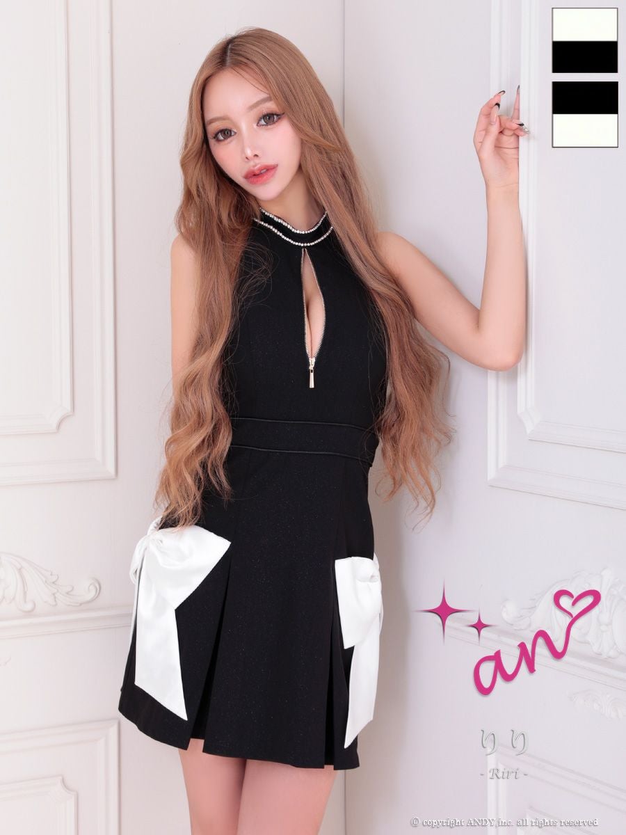 キャバドレス an アン ビジュー リボン ホルターネック ジップデザイン フレアミニドレス