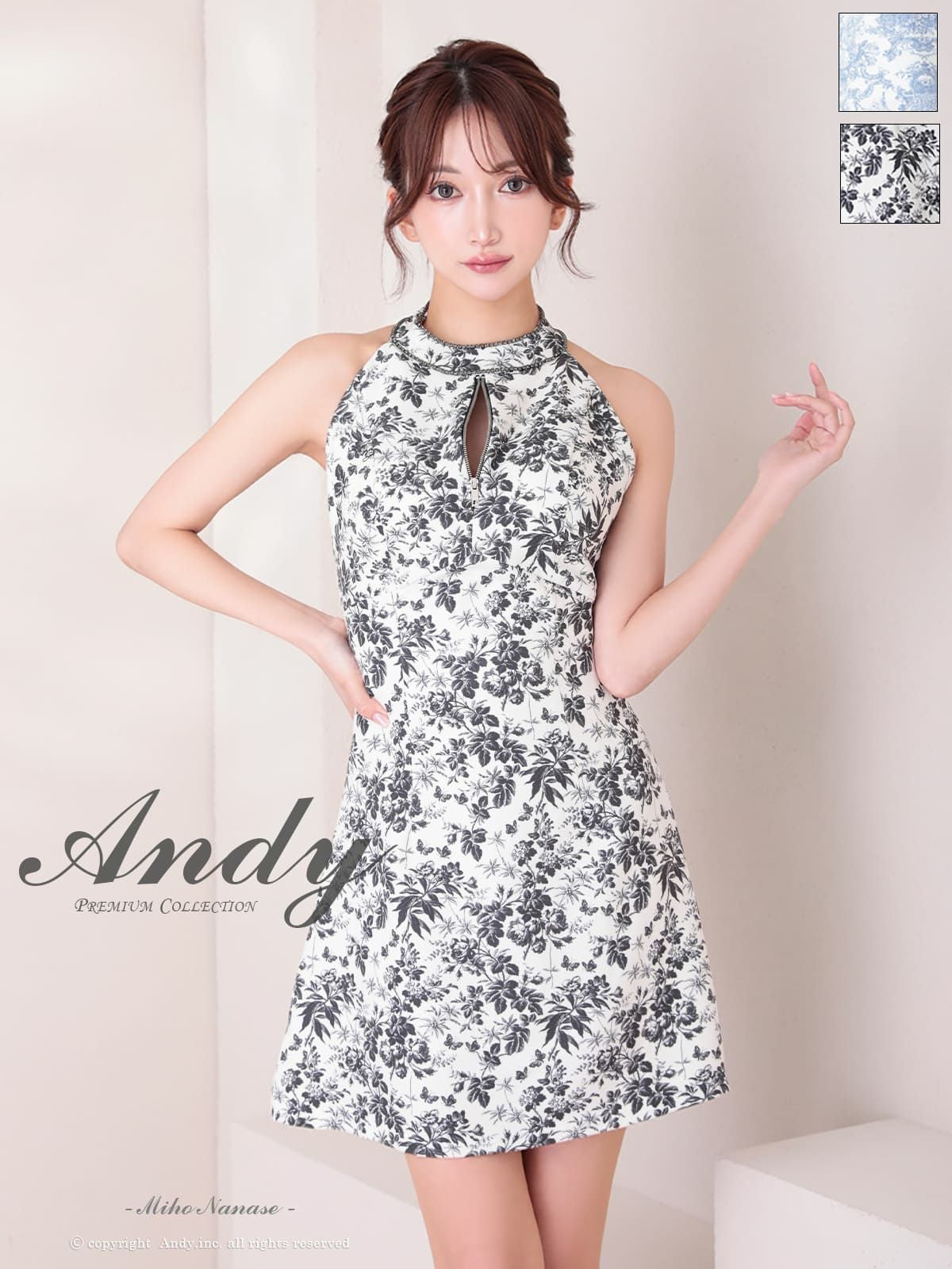 キャバドレス an アン ジップデザイン フラワー プリント柄　ホルターネック バックリボン フレアニドレス