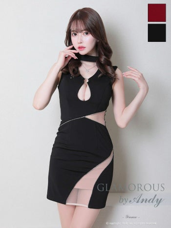 キャバドレス GLAMOROUS グラマラス ノースリーブ くびれ透け ジップデザイン カットデザイン シアー ビジュー タイトミニドレス