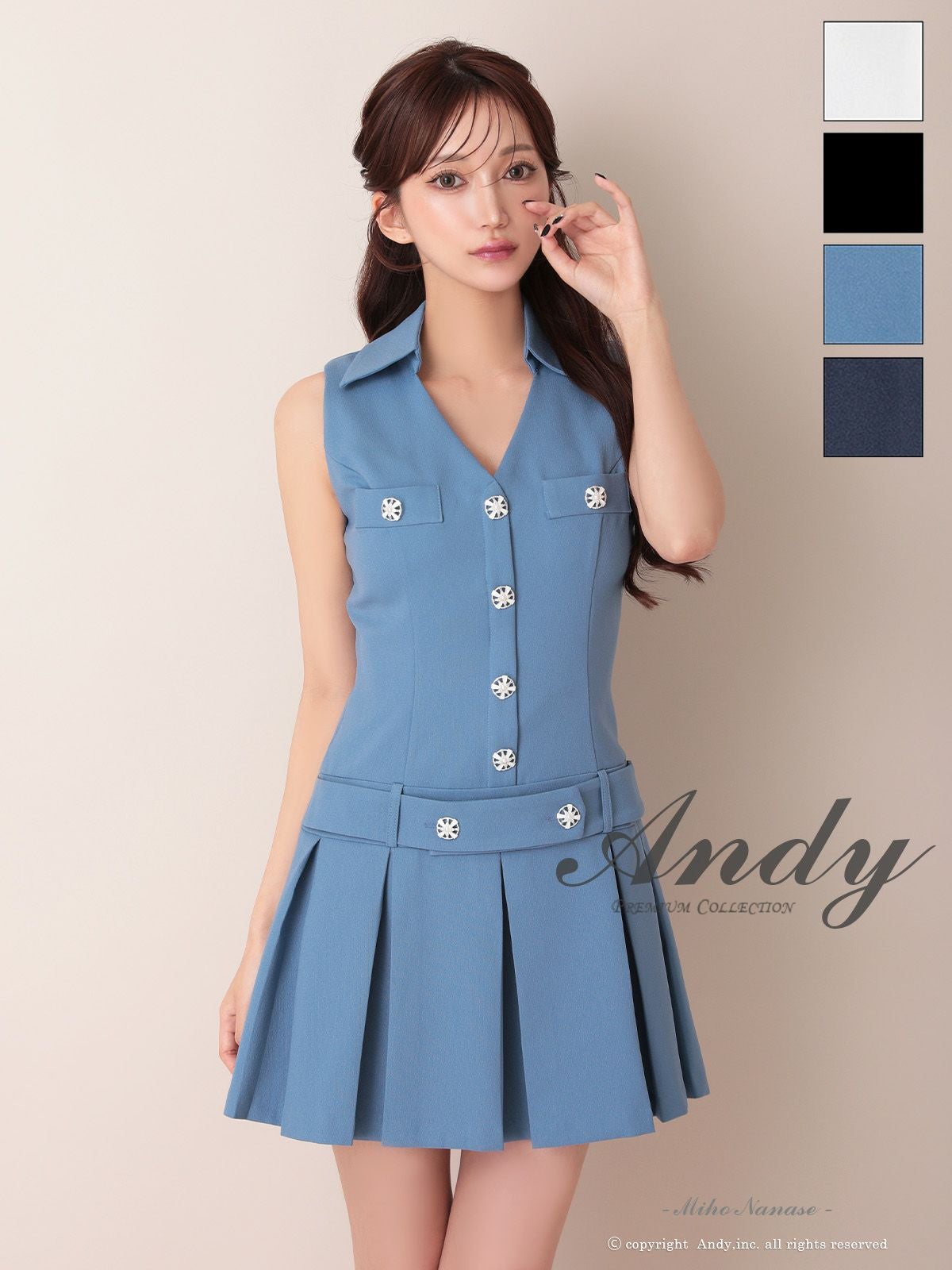 キャバドレス Andy アンディ フロントボタン 襟付き Vネック プリーツ シンプル ノースリーブ フレアミニドレス