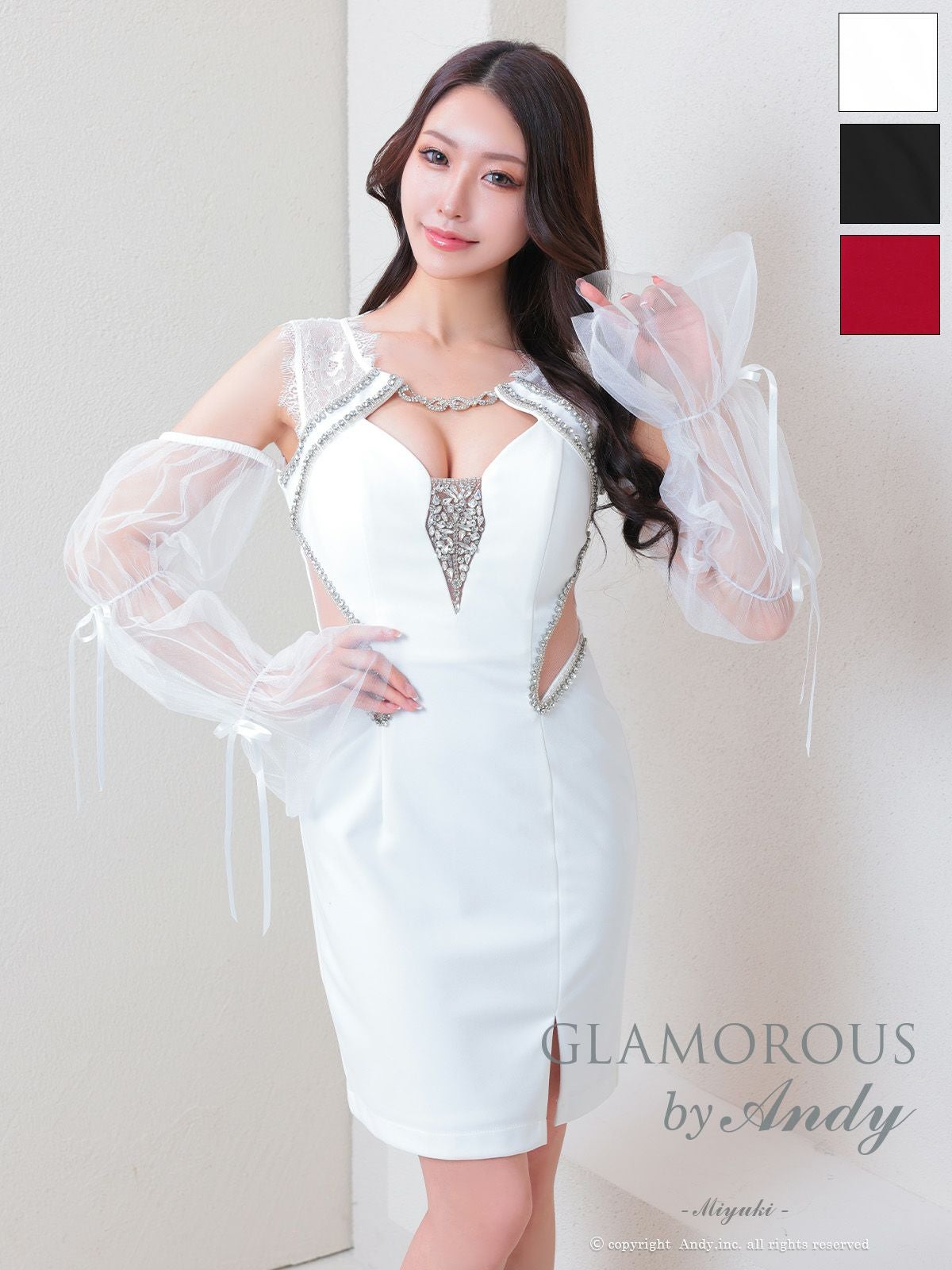 キャバドレス GLAMOROUS 2way ノースリーブ 長袖 リボン シアースリーブ バストカット ウエストカット ビジュー レース スリット タイトミニドレス