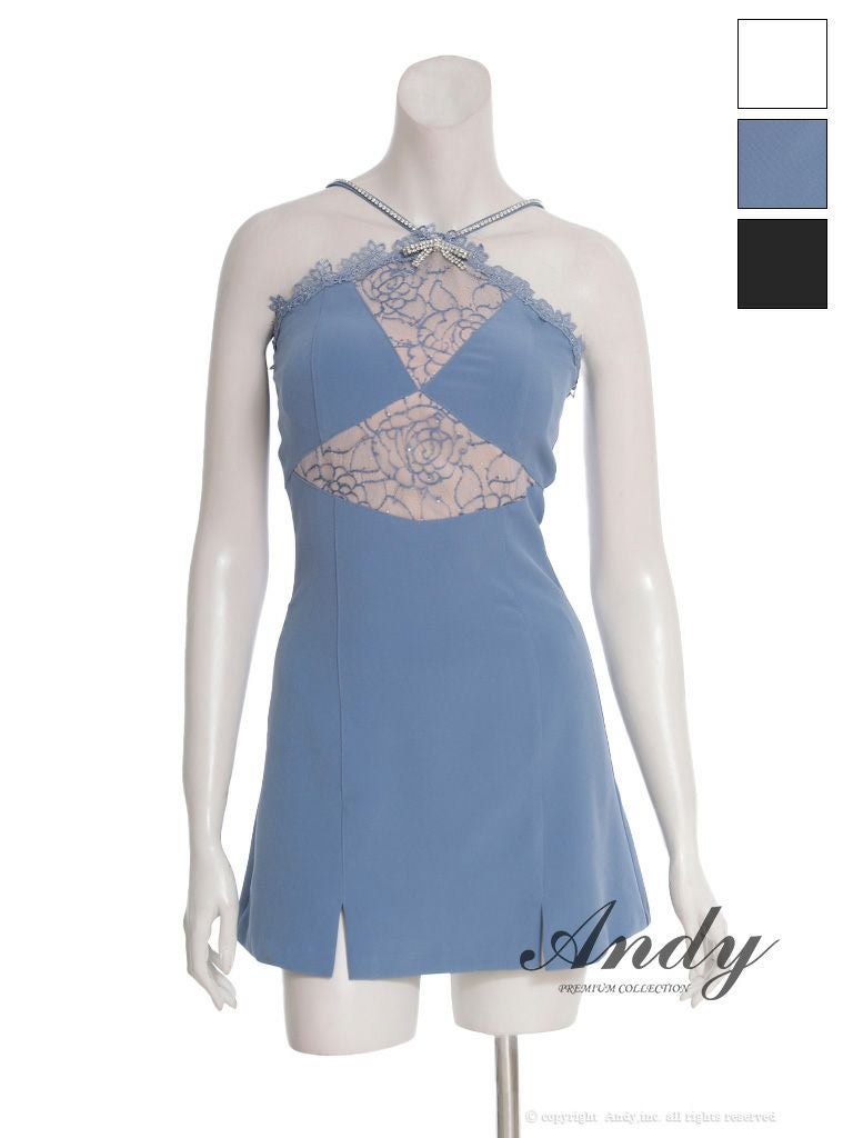 キャバドレス Andy アンディ リボン ビジュー レース シアー スリット ワンカラー ホルターネック フレアミニドレス