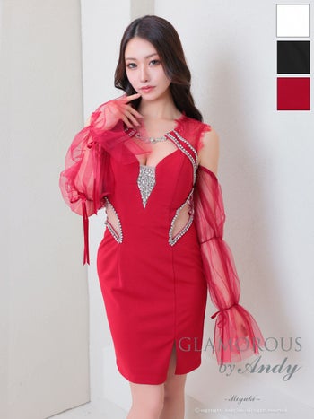 キャバドレス GLAMOROUS 2way ノースリーブ 長袖 リボン シアースリーブ バストカット ビジュー ウエストカット レース スリット タイトミニドレス