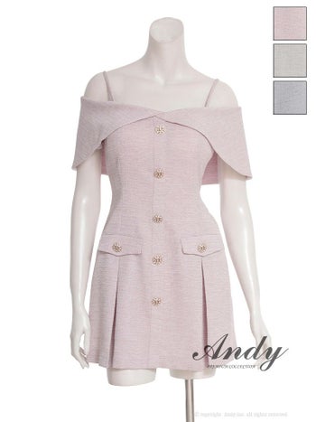 キャバドレス Andy アンディ プリーツ 飾りボタン フェイクポケット 肩あき キャミソール フレアミニドレス