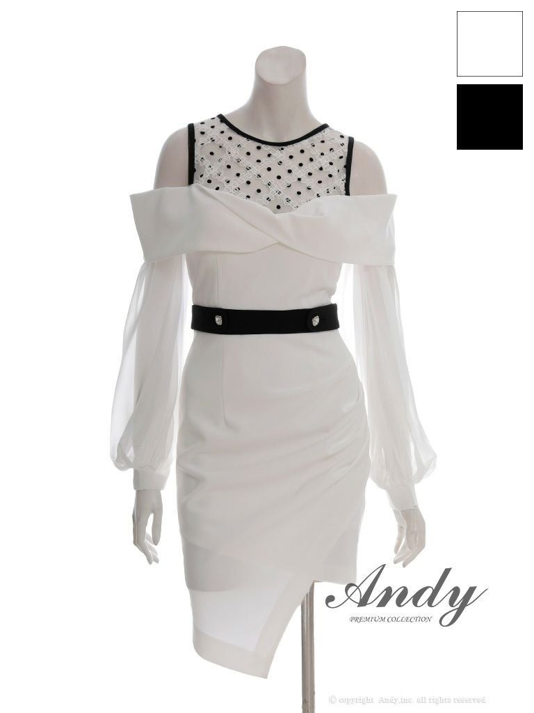 キャバドレス Andy アンディ ベルト アシンメトリー ドット柄 シフォン 肩あき 長袖 ノースリーブ タイトミニドレス