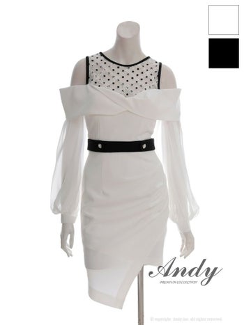 キャバドレス Andy アンディ ベルト アシンメトリー ドット柄 シフォン 肩あき 長袖 ノースリーブ タイトミニドレス