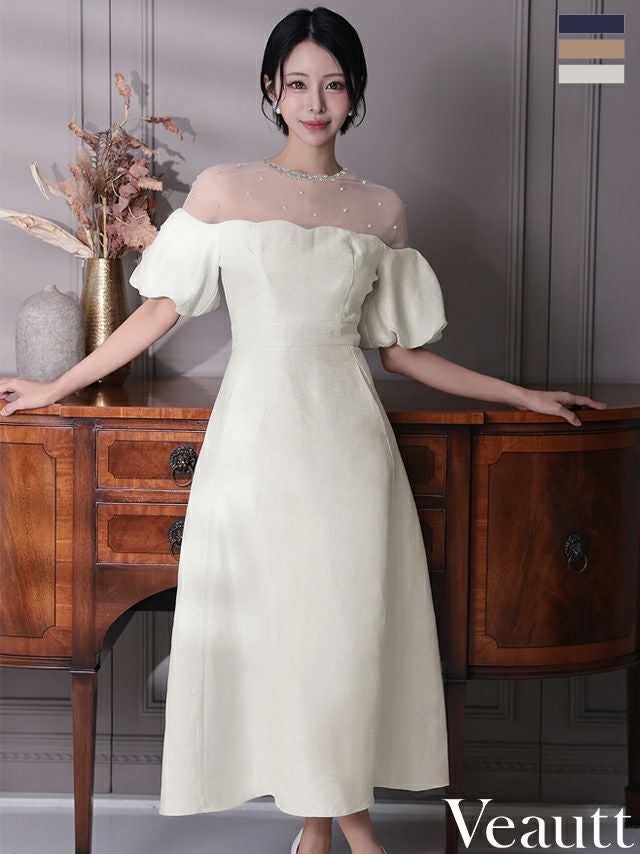 キャバドレス Veautt ヴュート パフスリーブ シアー ビジュー 袖あり エレガント Aラインロングドレス