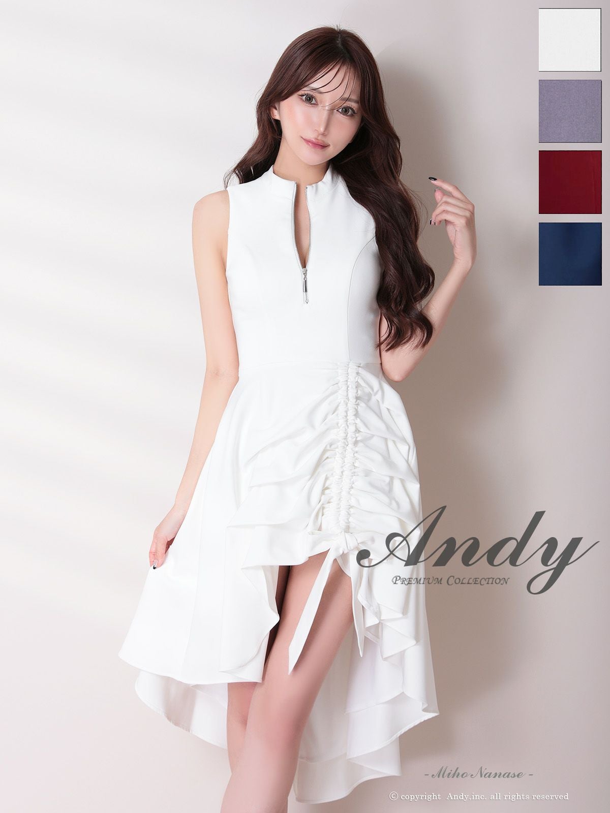 キャバドレス Andy アンディ リボン ギャザーデザイン ハイネック ジップデザイン ノースリーブ ロングテールドレス