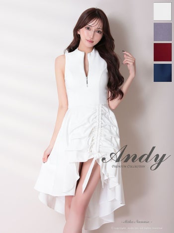 キャバドレス Andy アンディ リボン ギャザーデザイン ハイネック ジップデザイン ノースリーブ ロングテールドレス