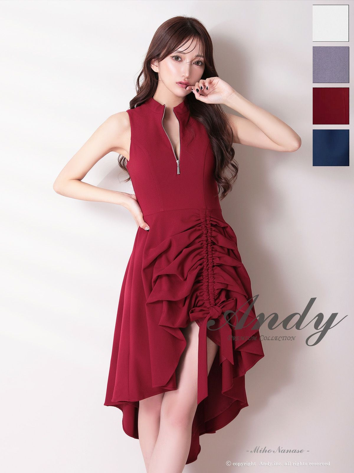 キャバドレス Andy アンディ ハイネック リボン ギャザーデザイン ジップデザイン ノースリーブ ロングテールドレス