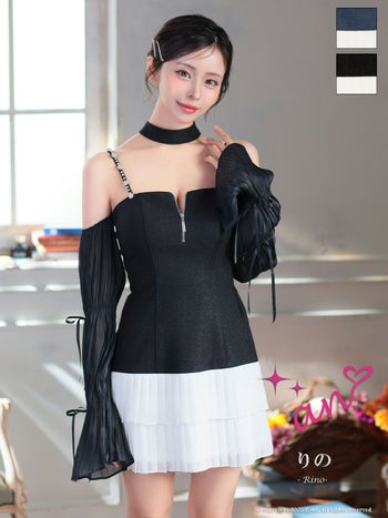 キャバドレス an アン キャミソール 長袖 肩あき ジップデザイン リボン チョーカー ビジュー プリーツ バイカラー フレアミニドレス