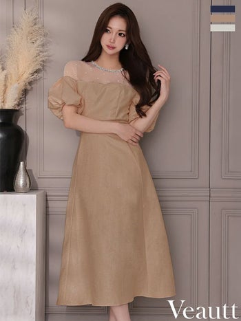 キャバドレス Veautt ヴュート 袖あり エレガント パフスリーブ シアー ビジュー Aラインロングドレス