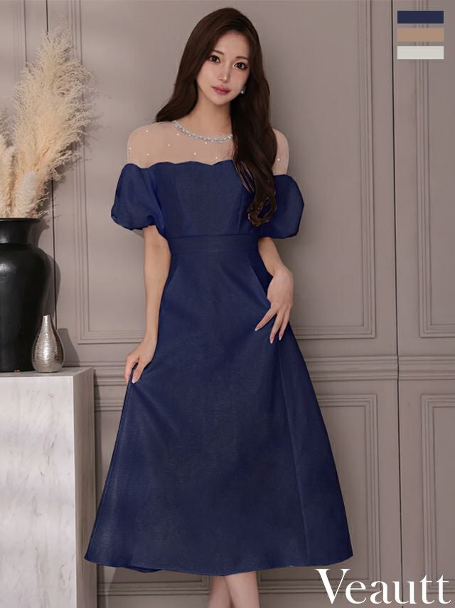キャバドレス Veautt ヴュート シアー ビジュー 袖あり エレガント パフスリーブ Aラインロングドレス