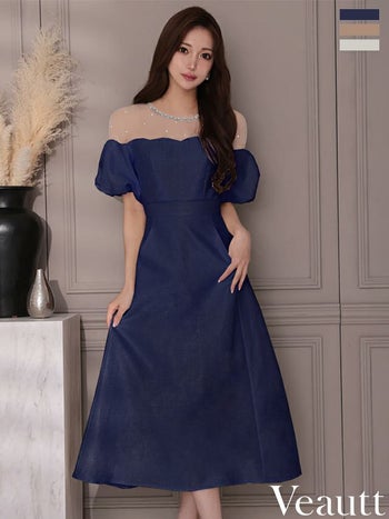 キャバドレス Veautt ヴュート シアー ビジュー 袖あり エレガント パフスリーブ Aラインロングドレス
