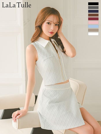 キャバドレス Glossy ROBE de FLEURS グロッシー ローブドフルール ジップデザイン セットアップ ワンカラー ジャガードニット ノースリーブ 襟付き ラップスカート タイトミニドレス