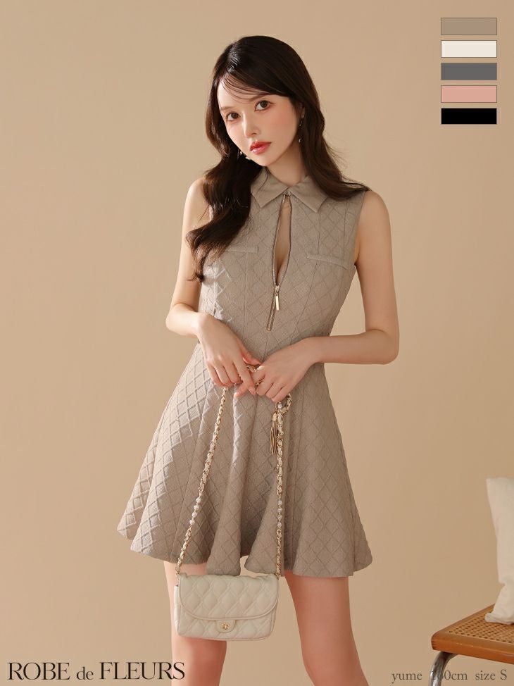 キャバドレス ROBEdeFLEURS ローブドフルール ノースリーブ ラメ ジップデザイン ガーリー 襟付き フレアミニドレス