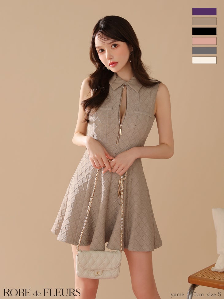 キャバドレス ROBEdeFLEURS ローブドフルール ノースリーブ ラメ ジップデザイン ガーリー 襟付き フレアミニドレス