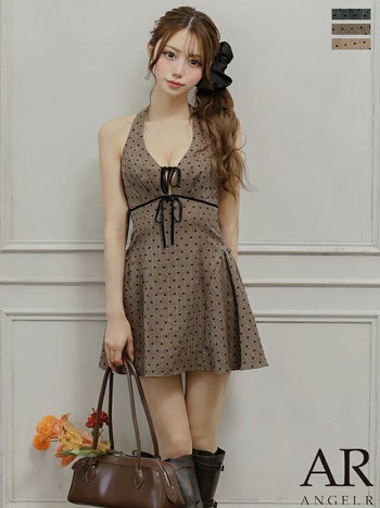 キャバドレス Angel R エンジェルアール ドット柄 バストリボン Vカット ホルターネック ガーリー フレアミニドレス