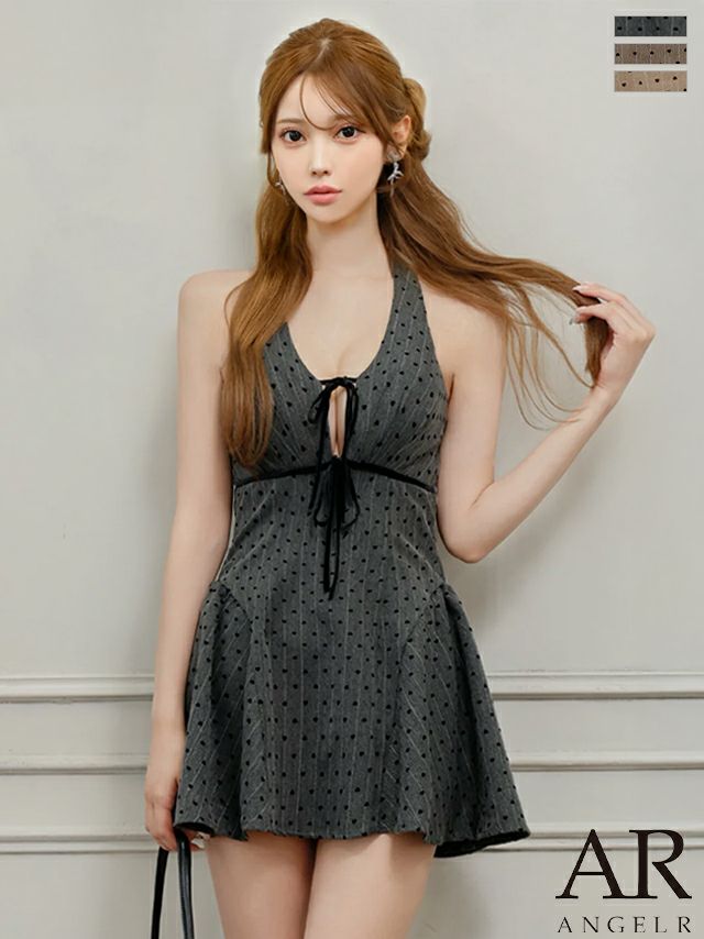 キャバドレス Angel R エンジェルアール バストリボン ホルターネック Vカット ドット柄 ガーリー フレアミニドレス