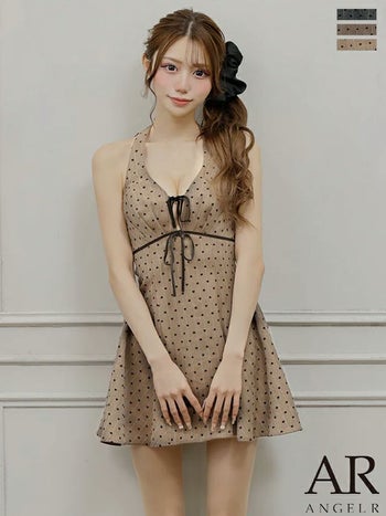 キャバドレス Angel R エンジェルアール ガーリー バストリボン ホルターネック ドット柄 Vカット フレアミニドレス