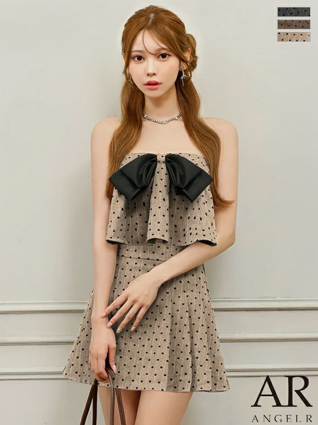 キャバドレス Angel R エンジェルアール ドット柄 ビッグリボン ベアトップ キャミソール セットアップ フレアミニドレス