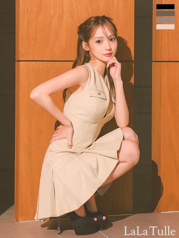 キャバドレス DEA. ROBE de FLEURS ディア ローブドフルール ゴールドボタン バストカット ノースリーブ プリーツ シンプル フレアミニドレス