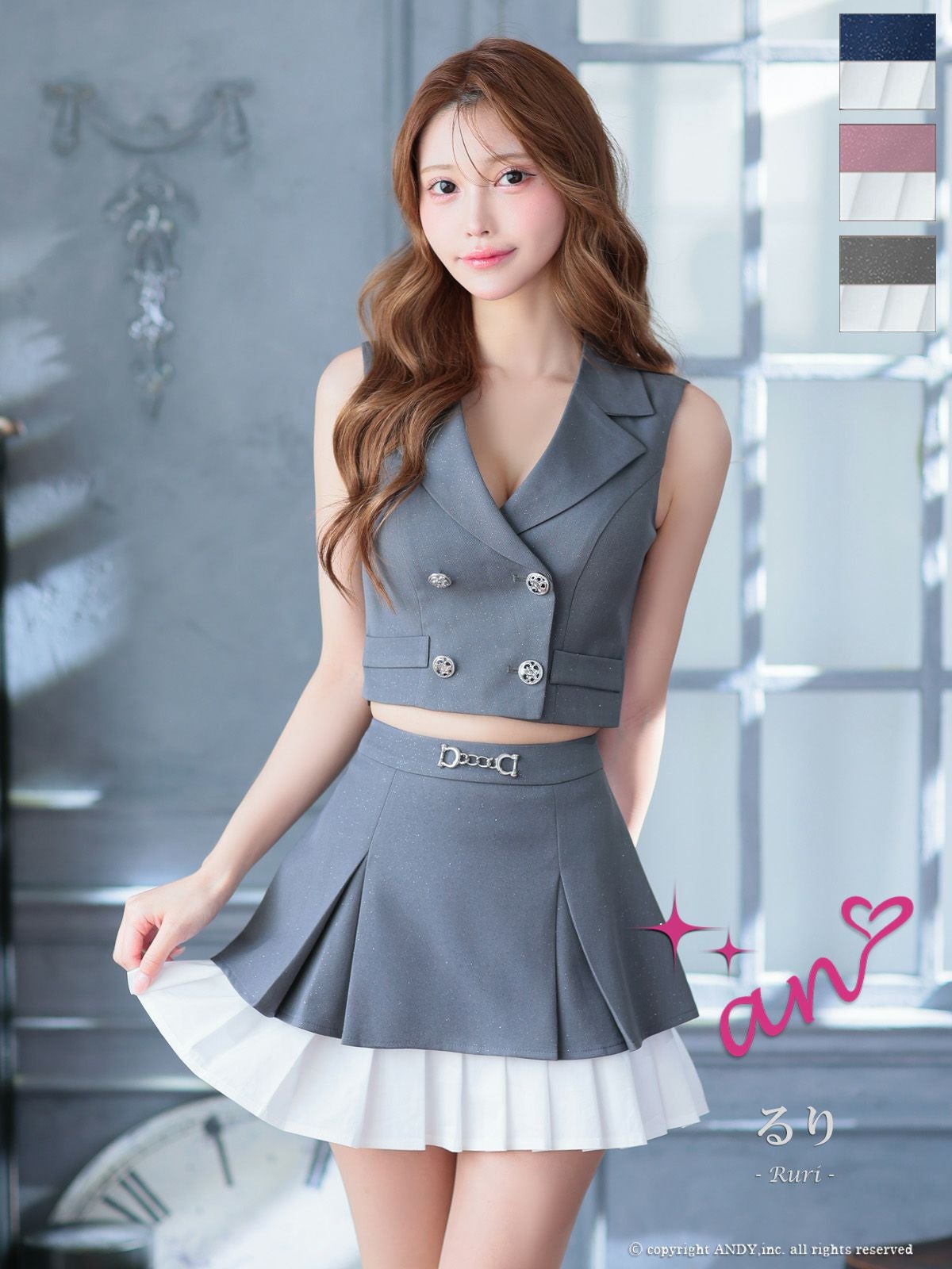 an/アン】プリーツ 襟付き フロントボタン クロスデザイン