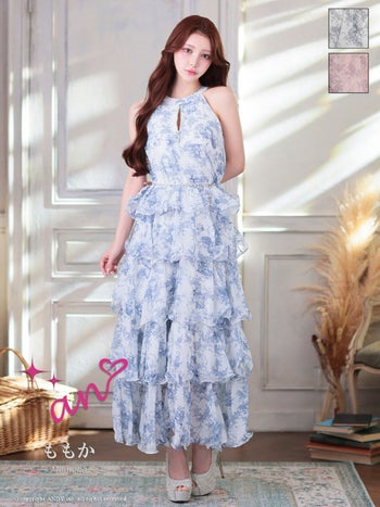 キャバドレス an アン ビジューチャーム フラワー ジップデザイン ティアード ホルターネック Aラインロングドレス