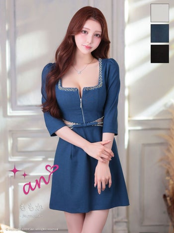 キャバドレス an アン くびれ透け スクエアネック リボン バストジップ ビジュー 袖あり フレアミニドレス