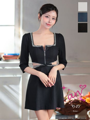 キャバドレス an アン リボン くびれ透け スクエアネック バストジップ ビジュー 袖あり フレアミニドレス