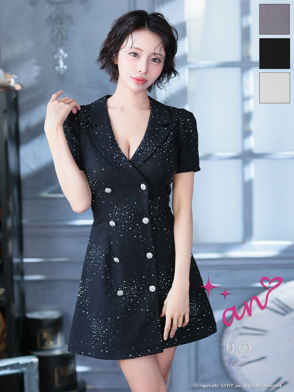 キャバドレス an アン 襟付き 半袖 ビジューボタン ストーン Aライン フレアミニドレス