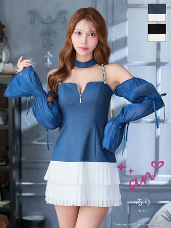 キャバドレス an アン 長袖 キャミソール 肩あき ジップデザイン リボン チョーカー ビジュー プリーツ バイカラー フレアミニドレス