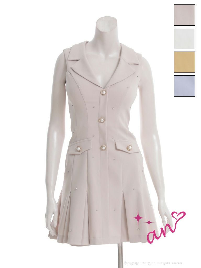 キャバドレス an アン 襟付き ビジュー パールボタン プリーツ フェイクポケット　ワンカラー ノースリーブ フレアミニドレス