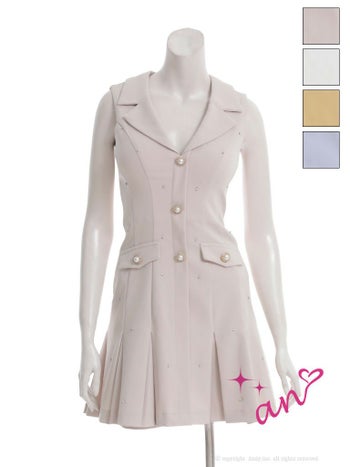 キャバドレス an アン 襟付き ビジュー パールボタン プリーツ フェイクポケット　ワンカラー ノースリーブ フレアミニドレス