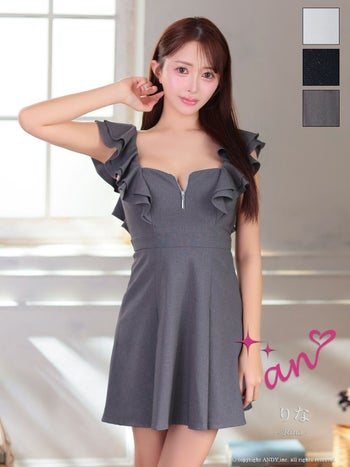 キャバドレス an アン バックリボン フリル ノースリーブ ジップデザイン 背中あき フレアミニドレス