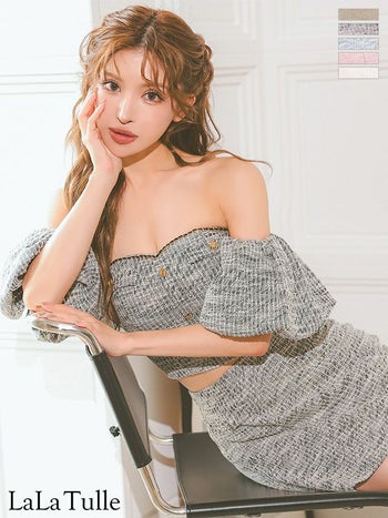 キャバドレス ROBEdeFLEURS ローブドフルール パフスリーブ セットアップ ニットツイード ガーリー ゴールドボタン オフショルダー タイトミニドレス