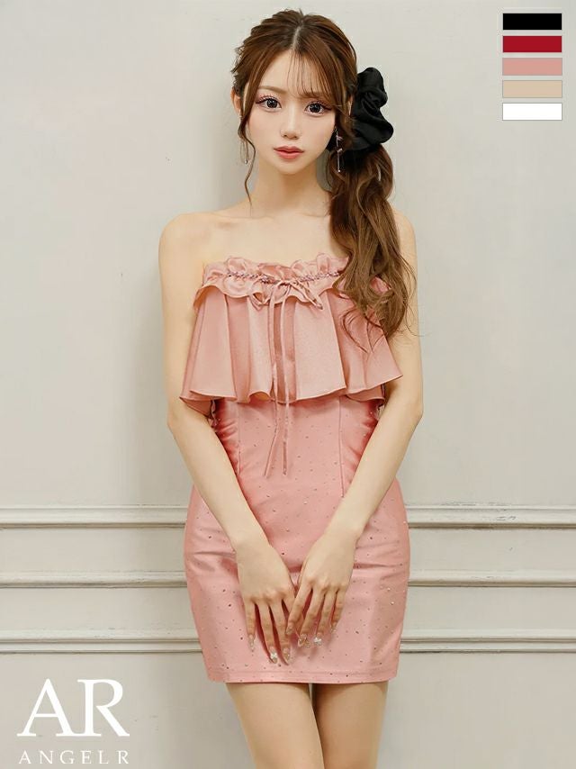 キャバドレス Angel R エンジェルアール ベアトップ チェーン キャミソール バストフリル リボン ビジュー ガーリー 2way タイトミニドレス