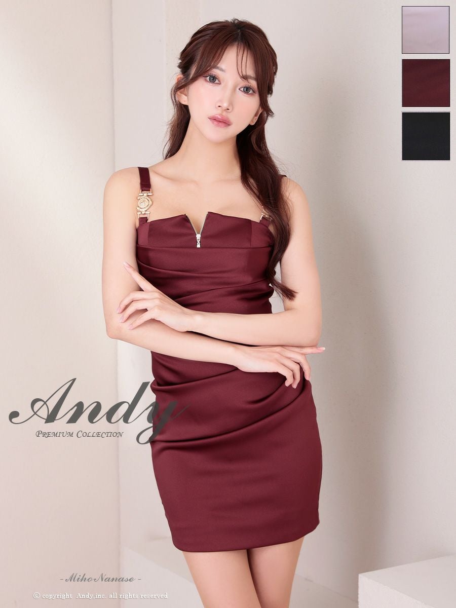 キャバドレス Andy アンディ ジップデザイン ノースリーブ ワンカラー ドレープ サテン バックル タイトミニドレス