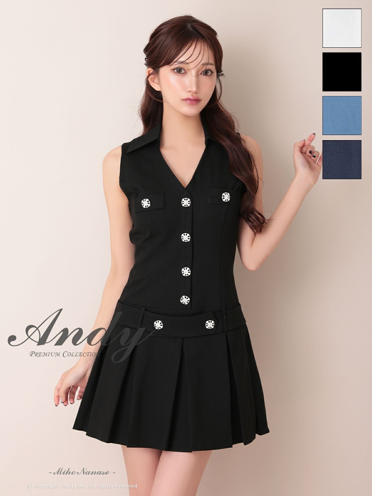 キャバドレス Andy アンディ 襟付き フロントボタン Vネック プリーツ シンプル ノースリーブ フレアミニドレス