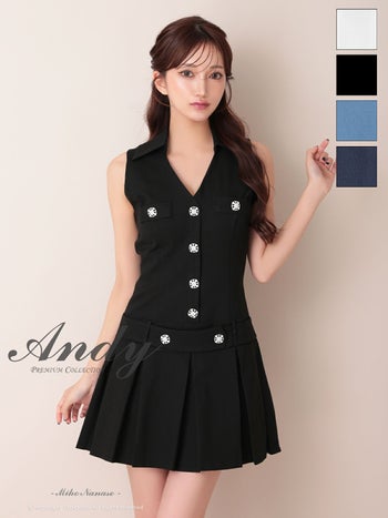 キャバドレス Andy アンディ 襟付き フロントボタン Vネック プリーツ シンプル ノースリーブ フレアミニドレス