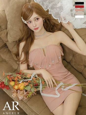 キャバドレス　Angel R エンジェルアール フェミニン 2way ベアトップ キャミソール バストフリル Vカット ビジュー タイトミニドレス