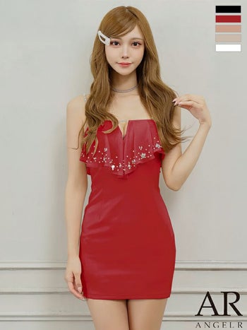 キャバドレス Angel R エンジェルアール バストフリル Vカット ビジュー フェミニン 2way ベアトップ キャミソール タイトミニドレス