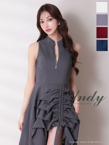 キャバドレス Andy アンディ ノースリーブ ハイネック リボン ギャザーデザイン ジップデザイン ロングテールドレス