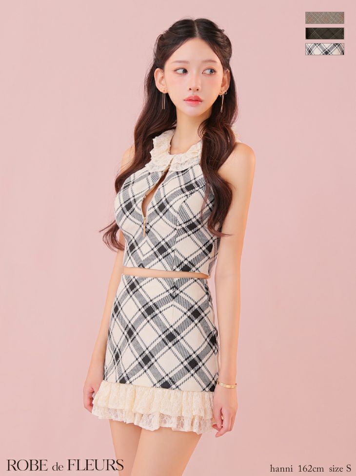 キャバドレス ROBEdeFLEURS ローブドフルール ジップドレス チェック柄 フリル ホルターネック セットアップ ガーリー タイトミニドレス