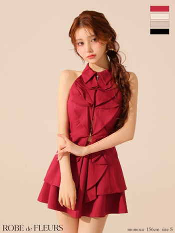 キャバドレス ROBEdeFLEURS ローブドフルール ホルターネック セットアップ ジップデザイン 襟付き フリル ガーリー フレアミニドレス