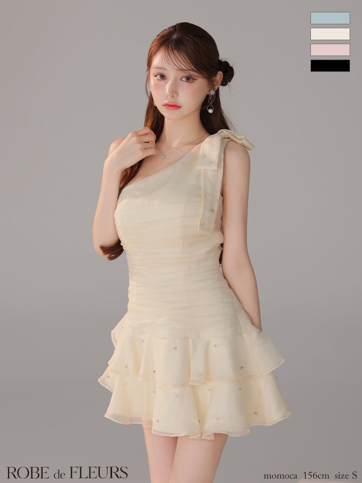 キャバドレス ROBEdeFLEURS ローブドフルール ワンショルダー ビッグリボン ビジュー アシンメトリー フリル ティアードスカート ガーリー フレアミニドレス