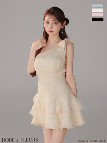 キャバドレス ROBEdeFLEURS ローブドフルール ワンショルダー ビッグリボン ビジュー アシンメトリー フリル ティアードスカート ガーリー フレアミニドレス