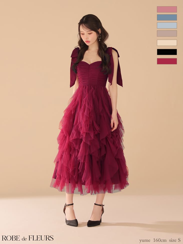 キャバドレス ROBEdeFLEURS ローブドフルール ノースリーブ　リボンショルダー ボリューム チュール Aラインロングドレス