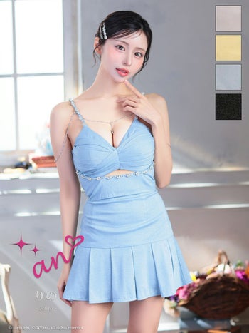 キャバドレス an アン セットアップ キャミソール Vカット ラメ チェーン ビジュー プリーツ カットデザイン フレアミニドレス